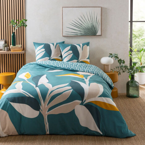 Parure de lit 2 personnes réversible en coton tropical 260x240cm – Motif feuillage bleu vert – Lavable à 60° en machine – Future Home