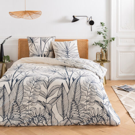 Parure de lit 2 personnes en coton 57 fils – Dimensions 240x220 cm – Imprimé blanc et bleu – Lavage en machine à 60° – Future Home