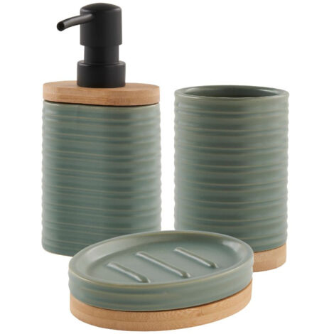 Set salle de bain 3 pièces en céramique vert sauge – Distributeur de savon, porte-savon, porte-brosse à dents – Dimensions optimisées – Guy Levasseur