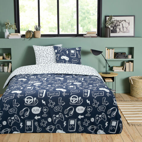 Parure de lit jeux vidéo 200x200 cm en coton 100% – Imprimé gaming bleu marine – Lavable à 60°C – Pochon réutilisable inclus – Future Home