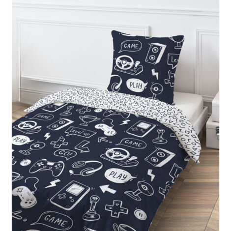 Parure de lit jeux vidéo 140x200 cm en coton 100% – Imprimé geek bleu marine – Lavable en machine à 60°C – Pochon réutilisable – Future Home (1/4)