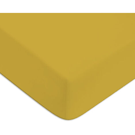 Drap housse en coton 57 fils uni bonnet 25cm jaune moutarde 80x200cm