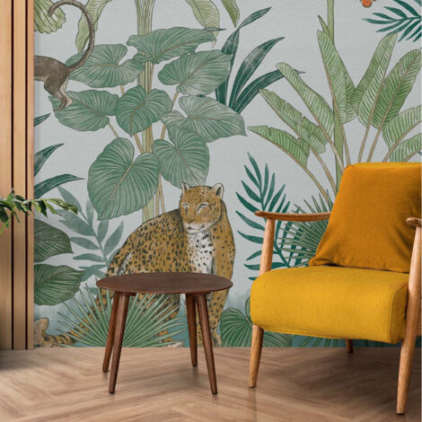 Papier peint intissé panoramique tropical 350x270cm – Motif jungle coloré – Installation facile sans table à tapisser – Pour salon ou chambre – Future Home