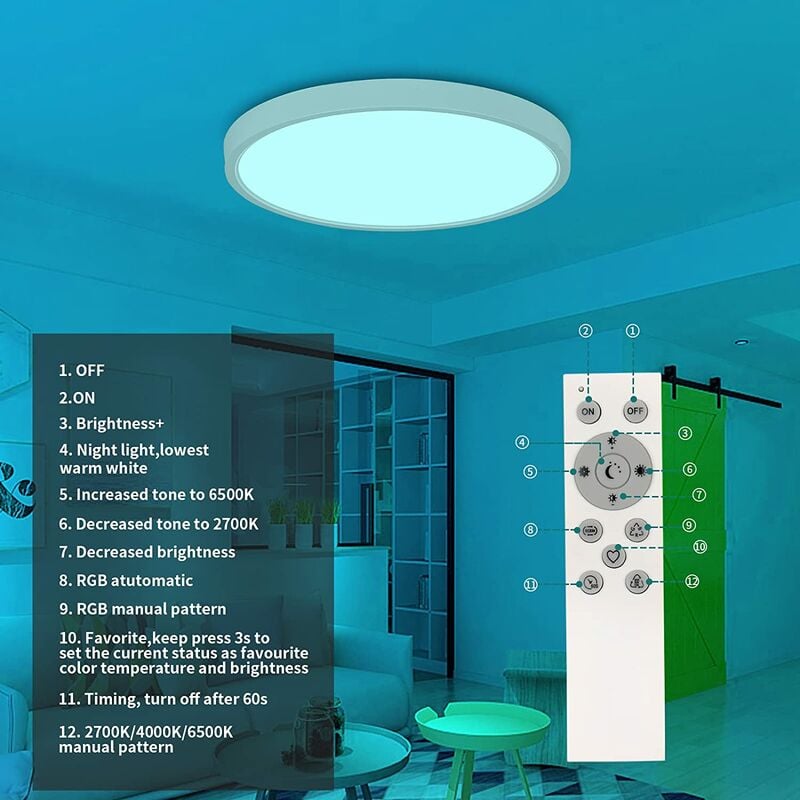 Plafonnier LED 24W RGB, Luminaire Plafonnier avec Télécommande Dimmable  2700-6500K IP54 Imperméable pour Bain, Chambre, Salon, Cuisine[Classe  énergétique E] [Classe énergétique E]