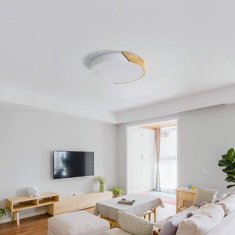 Relaxdays Lampe de plafond LED, lumière blanche chaude, 18 W, d 30 cm.  plafonnier de salon, en bois et métal, rond. noir