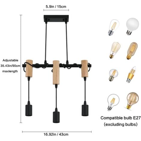 Suspension Luminaire Vintage, Plafonnier Industriel, Réglable Lustre en  Bois pour Salle à Manger, Salon, 3 Lumières E27 (Ampoule Non Incluse)