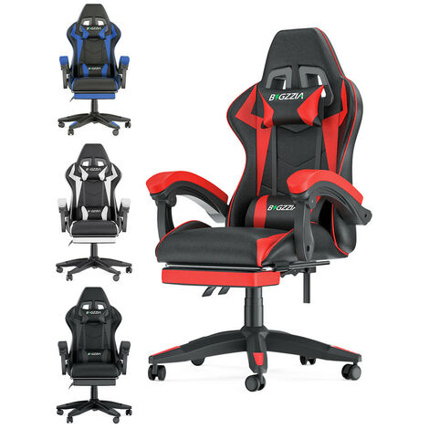 Bigzzia – Fauteuil gamer ergonomique avec appui-tête et support lombaire – Repose-pieds escamotable – Cuir PU et mousse mémoire – Hauteur réglable
