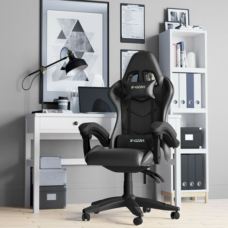 Fauteuil de Bureau - BIGZZIA Chaise Gaming - Siège de Bureau Réglable Gaming Racing - avec coussin et dossier inclinable - Noir (1/5)