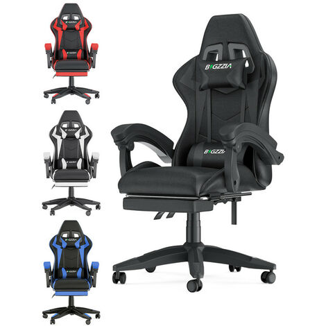Fauteuil gamer ergonomique - BIGZZIA Fauteuil de Bureau - Avec appui-tête, Support lombaire et Repose-pieds - Hauteur Réglable - Noir