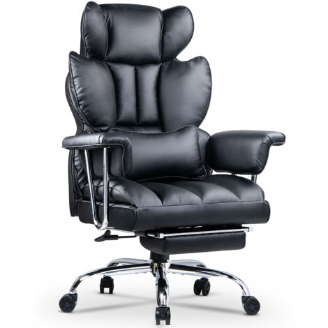Chaise de bureau en cuir, dossier haut réglable, ergonomique, soutien lombaire, accoudoirs et repose-pieds rembourrés (noir) (1/5)