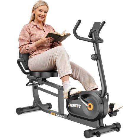 BIGZZIA-Vélo ergomètre allongé pour usage domestique avec 16 niveaux de résistance réglables, écran LCD, capteurs de fréquence cardiaque et dossier réglable, capacité de charge de 180 kg