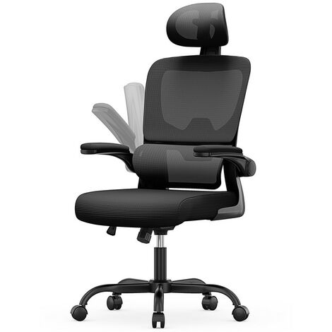 Fauteuil de bureau ergonomique noir – Accoudoirs rabattables 90° – Support lombaire adaptatif – Réglable en hauteur – Mousse haute densité