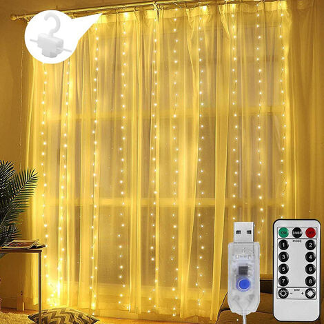 Sinicyder 300 LED Luci per stringa USB Luci delle fate per matrimonio/Natale/Festa/Camera da letto con telecomando Luci per tende a LED 3M * 3M Bianco caldo IP67 impermeabili 8 modalità 