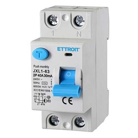 ETTROIT Reiner Fehlerstromschutzschalter 2P 40A 6kA 30mA 220V Lebensretter 2 DIN-Module JX324061