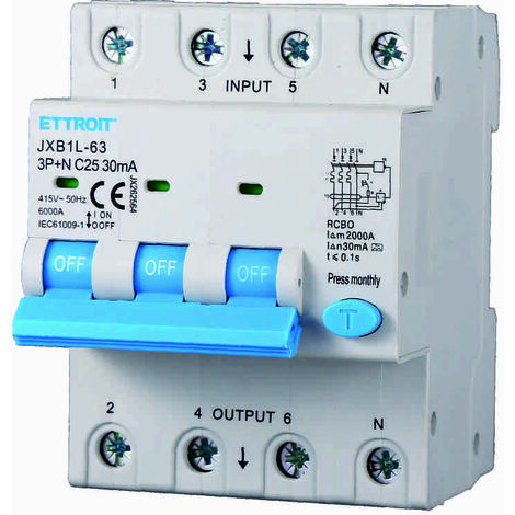 ETTROIT JX262564 Differentialschutzschalter 3P+N 25A 30mA 380V-6KA KLASSE A
