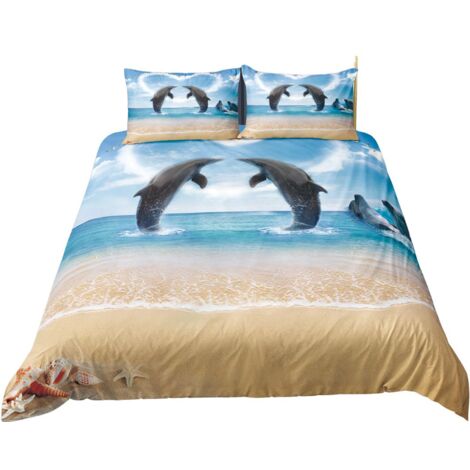 Housse De Couette 3D Dauphin Océan – Parure De Lit 1 Personne 140x200 Cm + Taie D'oreiller – Coton/polyester, Doux, Lavable – Thème Enfant Bleu Arc-en-ciel