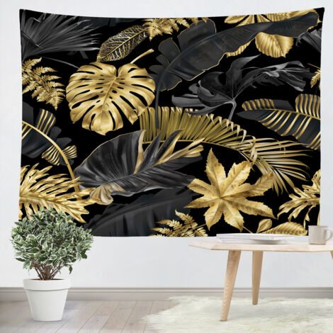 Tenture murale Feuilles tropicales dorées et noires 150x200cm DIY Personnalisable