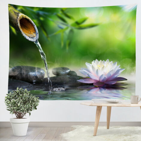 Tenture murale station thermale Zen bambous eau pierres lotus 150x200cm DIY Personnalisable