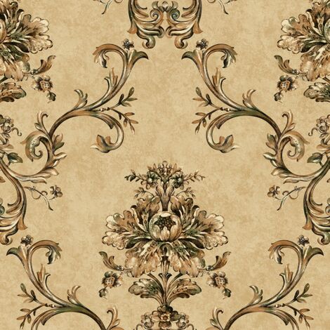 Papier peint texturé 3D floral rétro chic 10m x 0,53m – Effet luxe marron et doré – Pour salon, chambre, salle à manger – Ideko