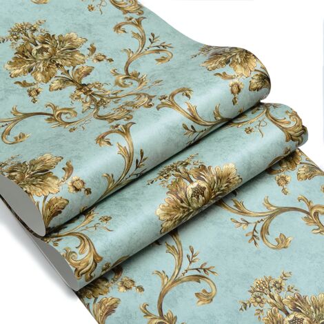Papier peint texturé 3D floral rétro chic – Vert et doré – 10m x 0,53m – Pose encollée pour finition durable – Pour salon et chambre – Ideko