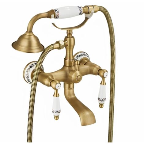 Robinet de baignoire style rétro Vintage en Laiton mélangeur avec Grosse douchette mural céramique cuivre