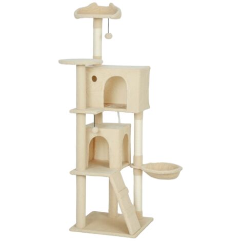 Arbre à chat haut 160 cm poteaux à Griffers en sisal niches plateformes en peluche hamac échelle balles de jeu Beige (1/5)