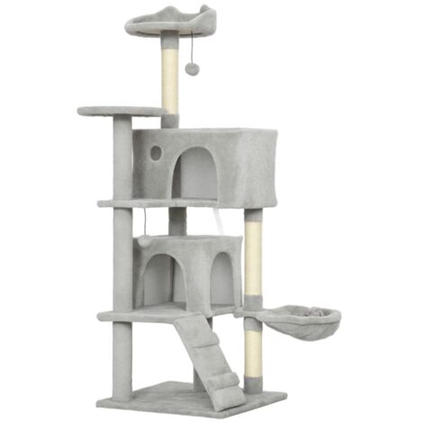Arbre à chat haut 140 cm poteaux à Griffers en sisal niches plateformes en peluche hamac échelle balles de jeu Gris (1/5)