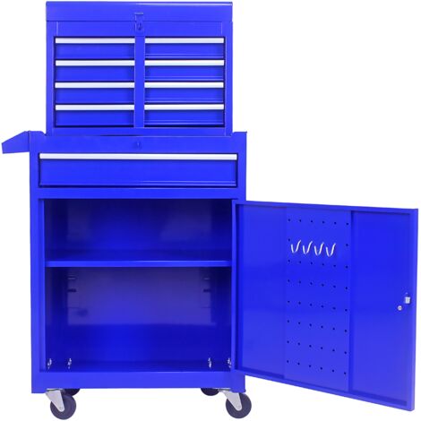Boîte à outils Coffre à 5 tiroirs avec roulettes plateaux supérieurs amovibles et étagères réglables Bleu (1/5)