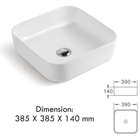 Vasque à poser en céramique lavabo perçage forme rectangle Blanc avec Bonde Siphon 385x385x140mm (1/5)