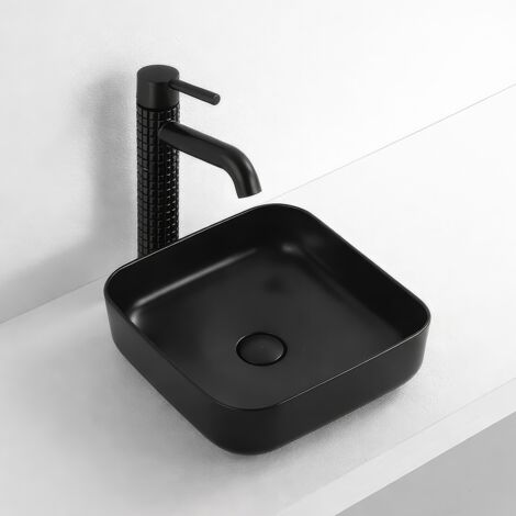 Vasque à poser en céramique lavabo perçage forme rectangle Noir avec Bonde Siphon 385x385x140mm (1/5)