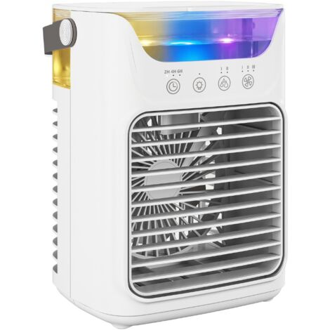 Climatiseur portable mini rafraîchisseur d'air 4 en 1, 3 vitesses, 2 modes brumisation, éclairage LED RGB 7 LED, blanc (1/5)