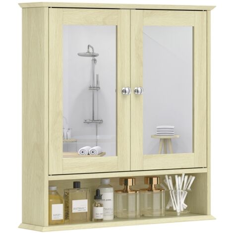 Armoire murale salle de bain avec miroir meuble salle de bain avec Portes Miroir Doubles Bois Naturel (1/5)