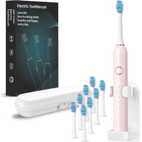 Brosse à dent électrique doux à ultrasons 5 modes de nettoyage 8 brossettes avec support et étui de voyage Rose (1/5)