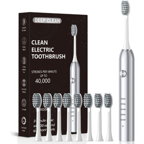 Brosse à dents électrique 40000 cps poils DuPont étanche sonique nettoyage profond 5 modes 8 têtes Gris (1/5)