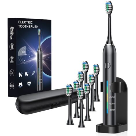 Brosse à dent électrique doux à ultrasons avec 5 modes de nettoyage 8 brossettes avec support et étui de voyage Noir (1/5)