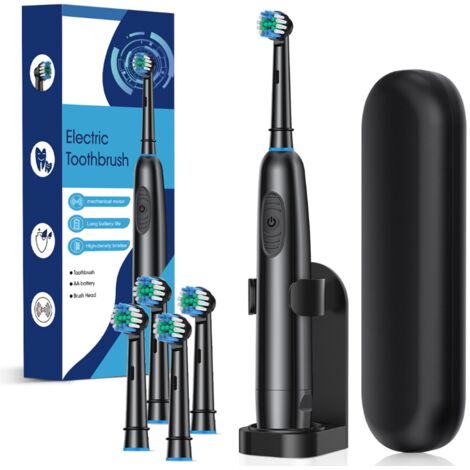 Brosse à dents électrique rotative SENK à tête ronde sur piles 4 brossettes avec support et étui de voyage Noir (1/5)