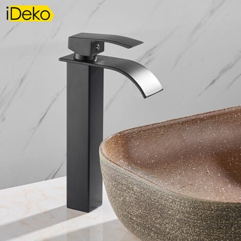 iDeko® Robinet de lavabo Mitigeur salle de bain cascade Noir vasque evier haut