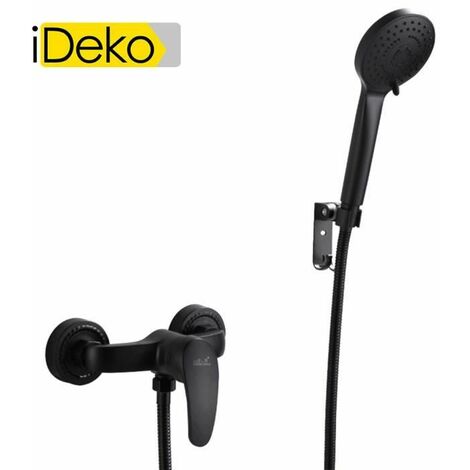 iDeko® Robinet de douche salle de bain mural avec pommeau de douche 3 modèle de pluie en laiton céramique Noir (1/5)