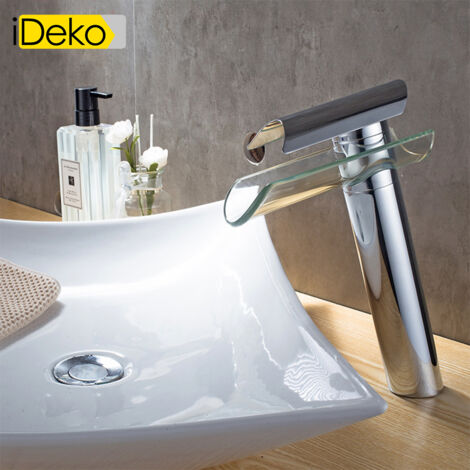 Robinet de salle de bain Mitigeur lavabo cascade haut de bec en verre