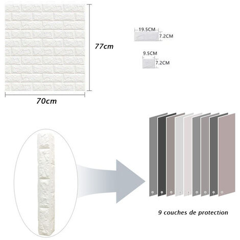 10X Papier Peint 3D Simulation Briques de pierre Bricolage PE mousse DIY Auto-Adhésif imperméable Blanc 0.70.77 (M)