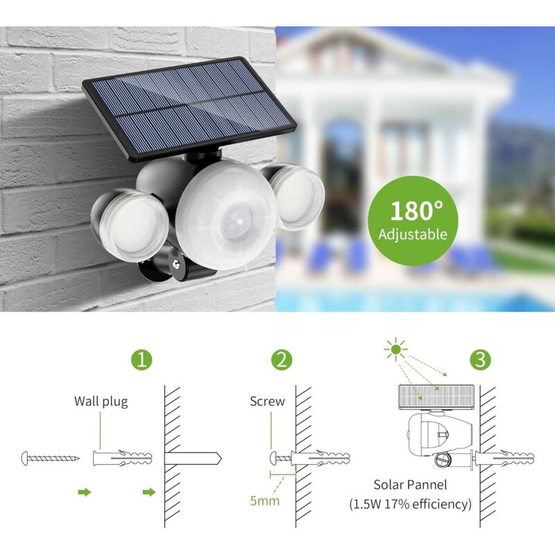 Lampe Solaire Extérieur 228 LED Avec Détecteur Mouvement - 3 Modes, Télécommande, IP65, Câble 5m
