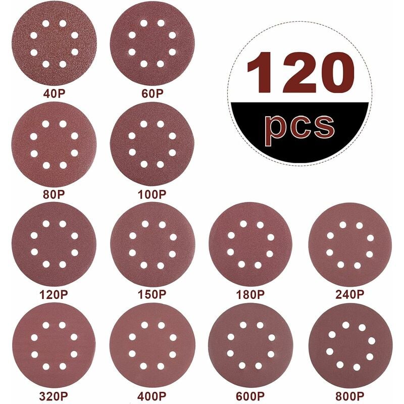 Disque de ponçage, 100 Pcs Disques Abrasifs pour Ponceuse Excentrique Ø 125  mm Grain de 40/60/80/100/120/180/240/320/400/800/ (10 Di