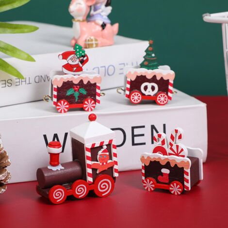 Train De Noël En Bois Miniature Avec 3 Wagons - Décorations De Noël Pour Arbre, Table, Cheminée, Cadeaux (couleur Rouge)