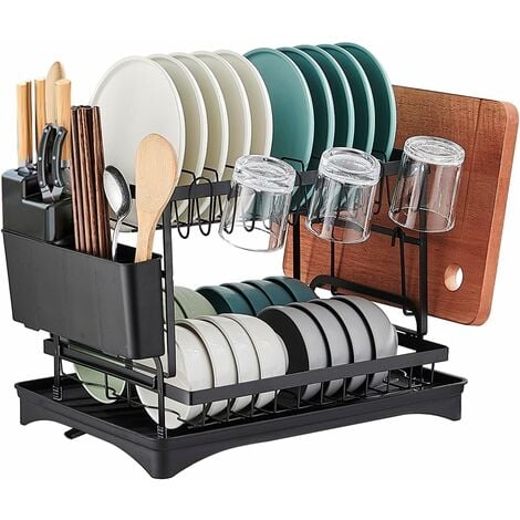 AIDUCHO Egouttoir Vaisselle Cuisine À 2 Niveaux, Récupération Amovible Et Porte-Couverts，Egouttoir Vaisselle Sur Evier，Egouttoir Vaisselle Noir