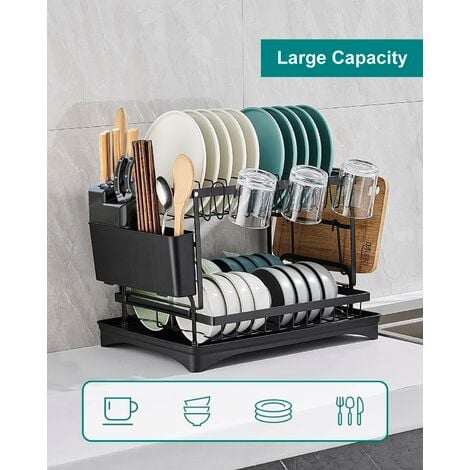 AIDUCHO Egouttoir Vaisselle Cuisine À 2 Niveaux, Récupération Amovible Et Porte-Couverts，Egouttoir Vaisselle Sur Evier，Egouttoir Vaisselle Noir