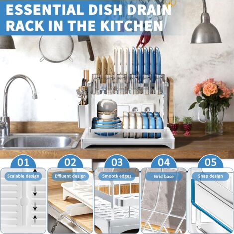 AIDUCHO Egouttoir Vaisselle Cuisine À 2 Niveaux, Récupération Amovible Et Porte-Couverts，Egouttoir Vaisselle Sur Evier，Egouttoir Vaisselle Blanc