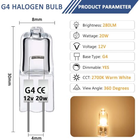 AIDUCHO Ampoules Halogènes G4, Lampe de Base à Broche Halogène G4 12V 20W, 2800K Blanc Chaud Gradable G4 Lampe à Capsule Transparente Lot de 10