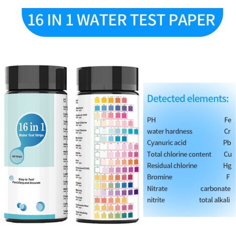 Bandelettes Test Eau 16en1 Pitasha - PH, Chlore, Métaux... - 50 Tests Pour Piscine Et Eau Potable