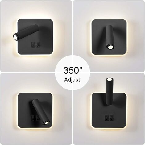 AIDUCHO 9w Moderne Applique Murale Led Lampe De Lecture Murale Avec Interrupteur 350° Pivotant 3w Spot Mural Led Lampe Murale Interieur Pour Chambre À Coucher Chevet Salon Salle D'étude, Noir 3000k