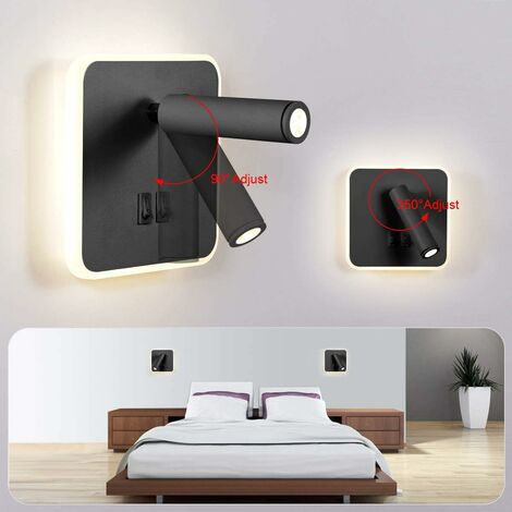 AIDUCHO 9w Moderne Applique Murale Led Lampe De Lecture Murale Avec Interrupteur 350° Pivotant 3w Spot Mural Led Lampe Murale Interieur Pour Chambre À Coucher Chevet Salon Salle D'étude, Noir 3000k